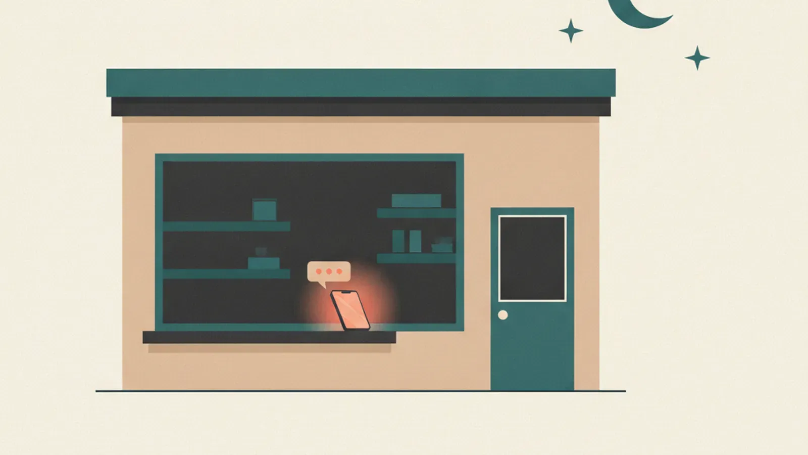 A flat vector illustration of a shuttered Singapore shopfront at night with unread chat bubbles glowing above the closed door.