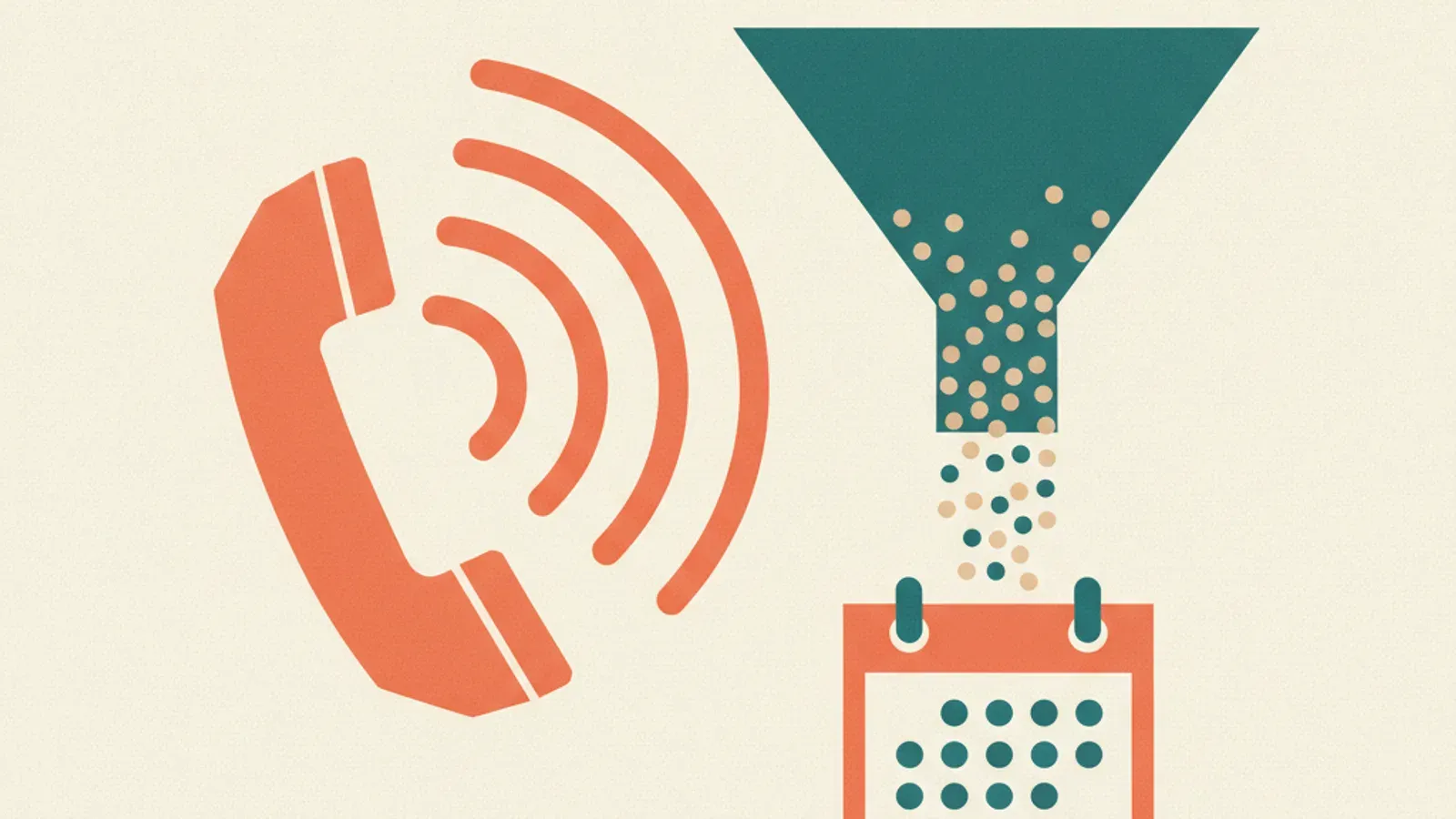 A flat vector illustration of a phone placing an outbound call, a calendar with one slot booked, and a shield marking a number that must not be dialled.