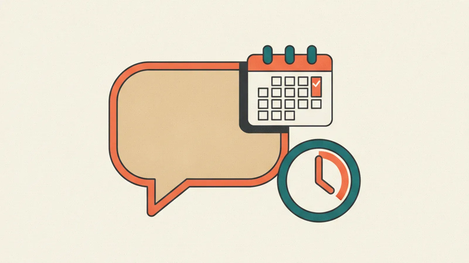 A flat vector illustration of a WhatsApp chat bubble turning directly into a booked slot on a calendar, with no separate app in between.
