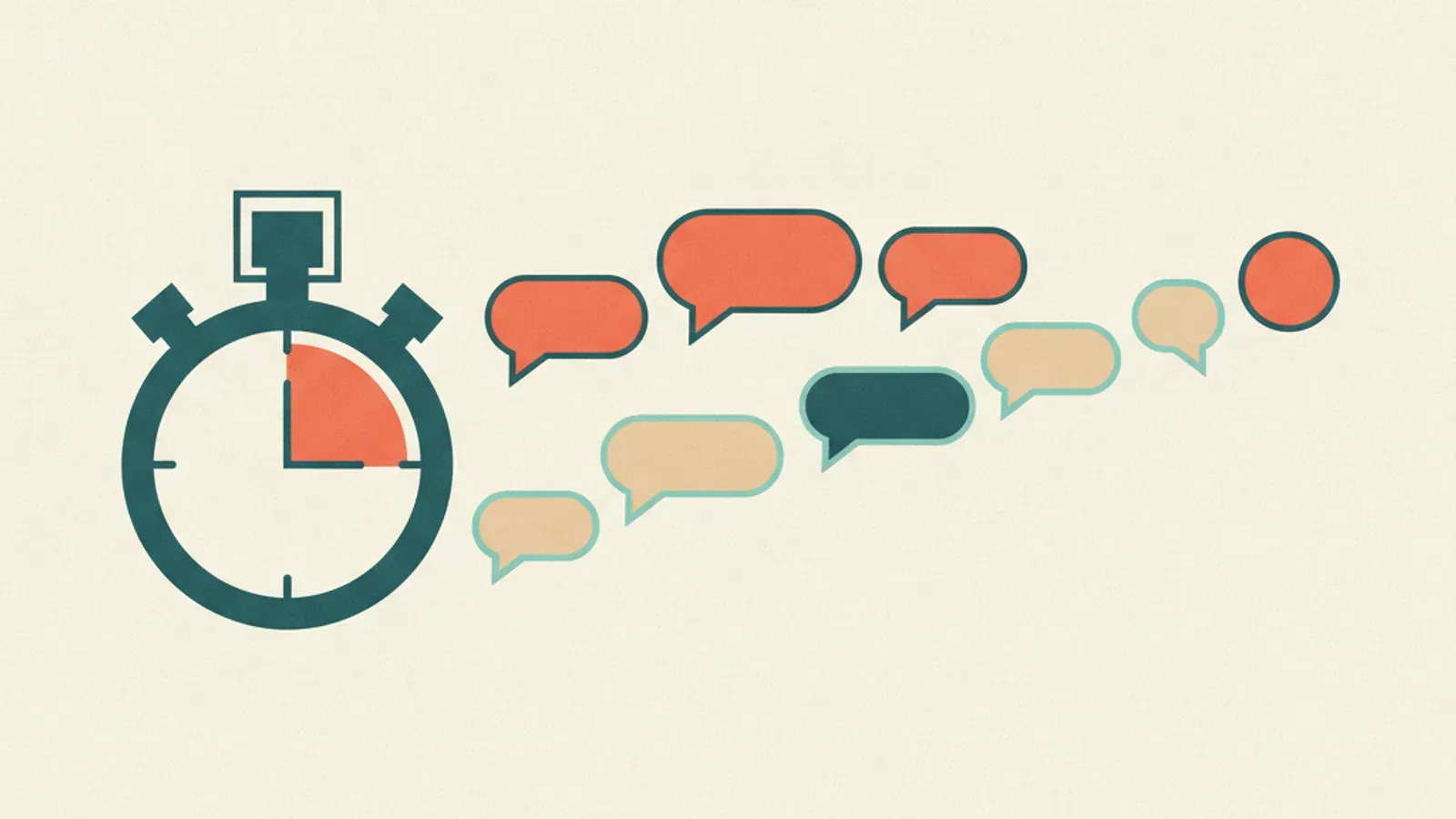 A flat vector illustration of a stopwatch beside three chat bubbles arriving at a small shopfront, with one reply leaving first.