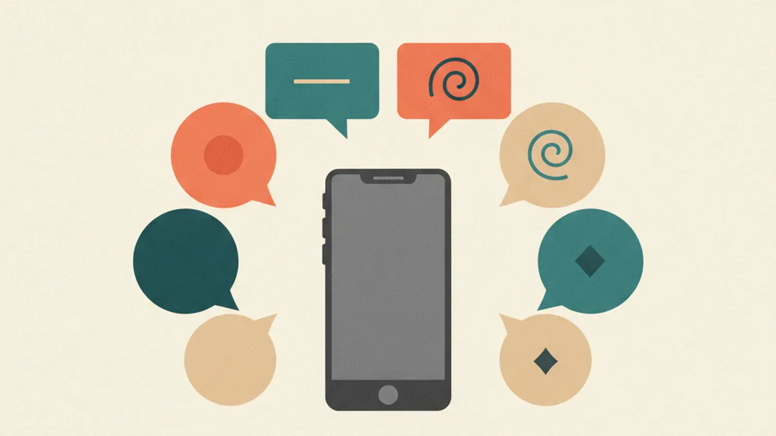 Flat-vector illustration of a single WhatsApp chat bubble splitting into four speech bubbles labelled with English, Chinese, Malay and Tamil script.