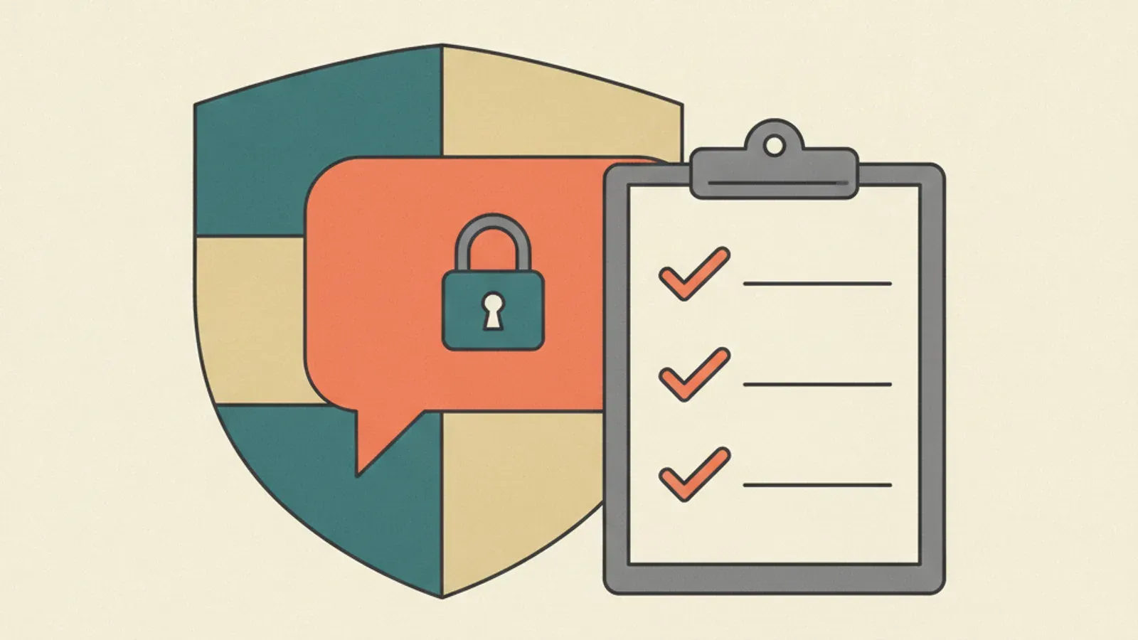A flat vector illustration of a Singapore shop owner's phone showing a WhatsApp chat, with an NRIC and a card number being masked before they slide into a locked folder.