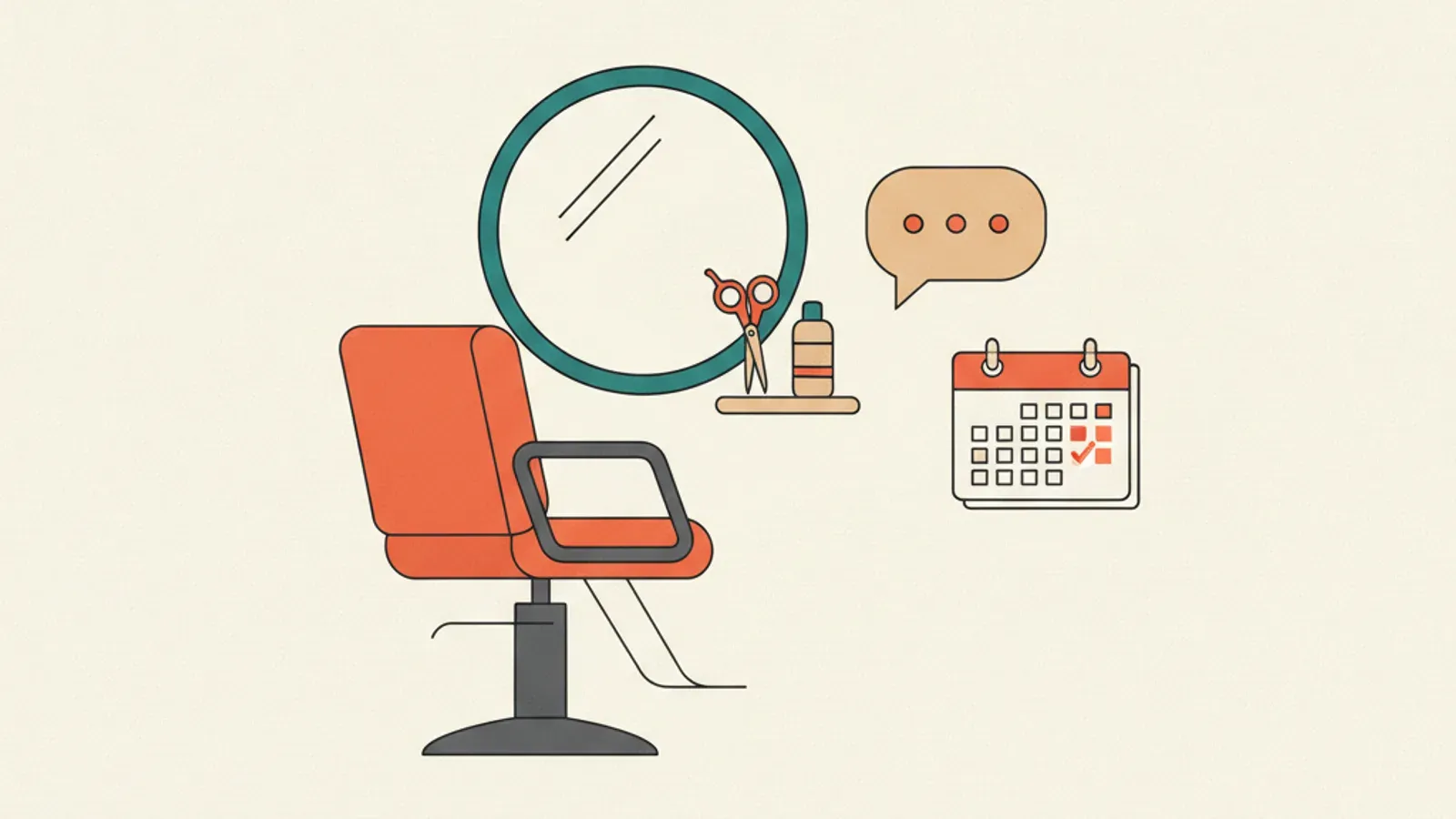 Flat-vector illustration of a Singapore salon chair beside a phone showing a WhatsApp booking confirmation and calendar reminder.